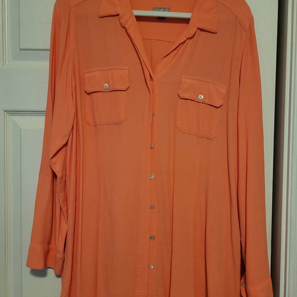 Womens Tunic Blouse Long Sleeve Button Up Top Bright Coral/Salmon - Size XL